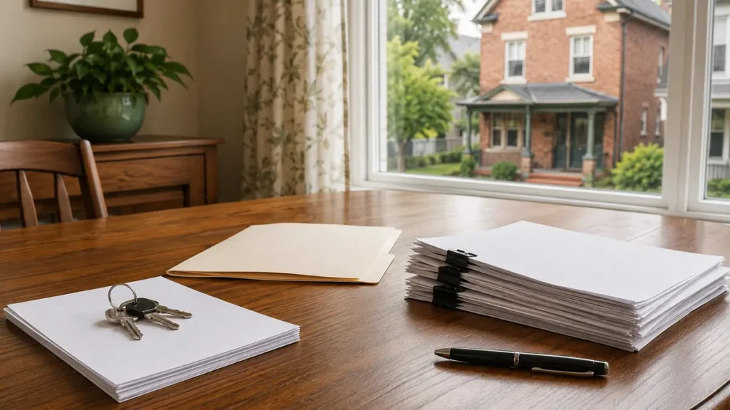 Organized property paperwork and house keys on a table near a brick Pittsburgh home