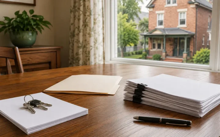 Organized property paperwork and house keys on a table near a brick Pittsburgh home