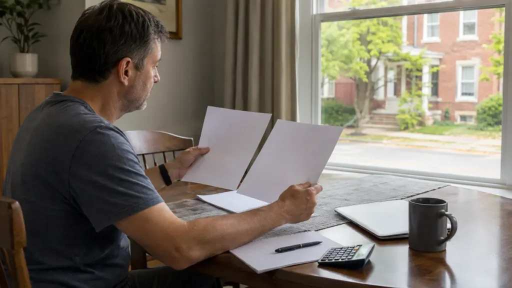 Homeowner comparing two property sale documents at a dining table