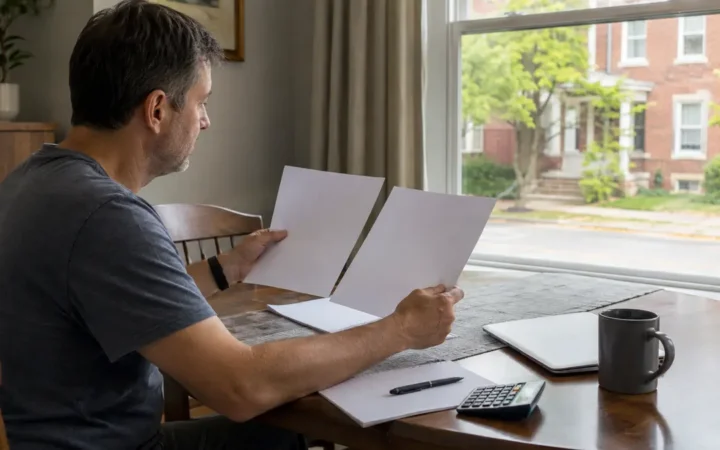 Homeowner comparing two property sale documents at a dining table