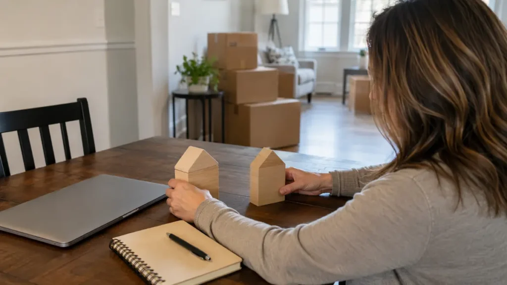 Homeowner comparing two wooden house models while planning a move