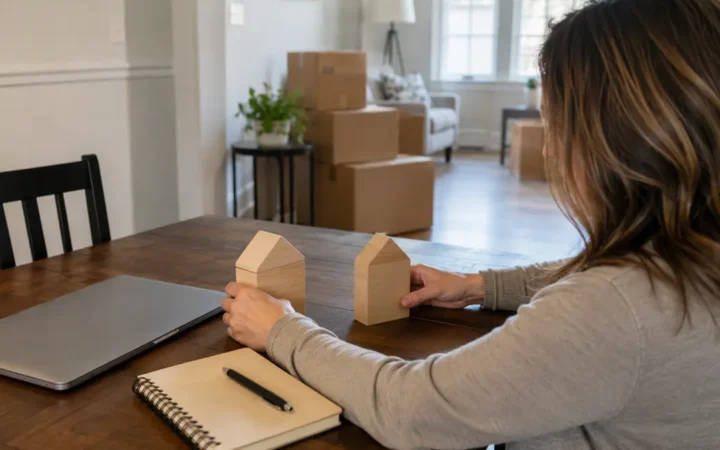 Homeowner comparing two wooden house models while planning a move