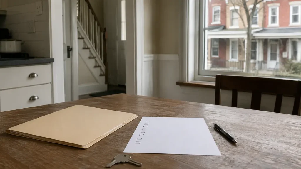 Property sale checklist, house keys, and folder on a table in a Pittsburgh rental home