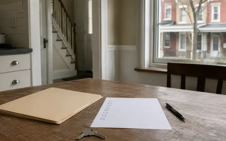 Property sale checklist, house keys, and folder on a table in a Pittsburgh rental home