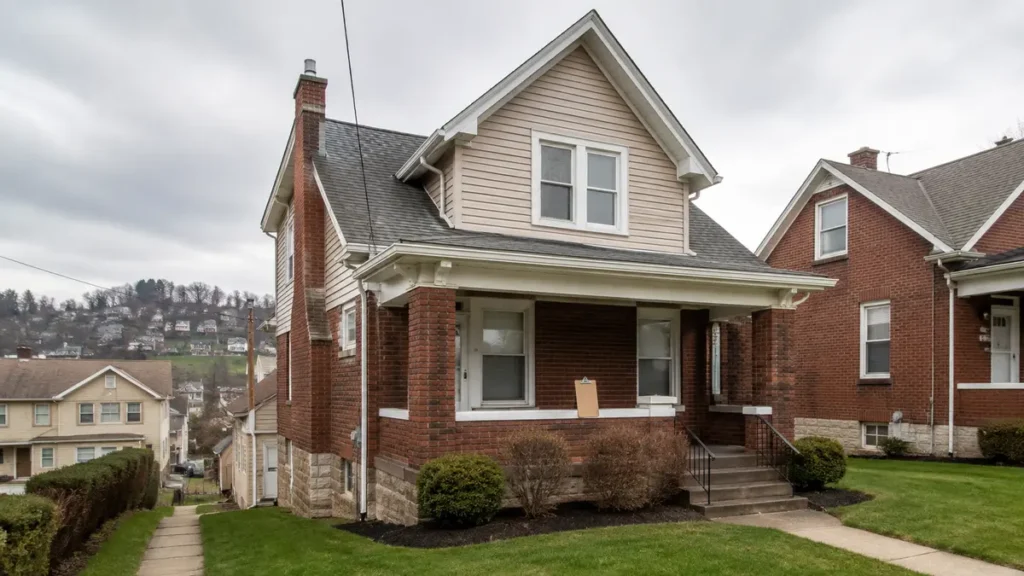 Vacant older Pittsburgh house with a tidy yard on a hillside street