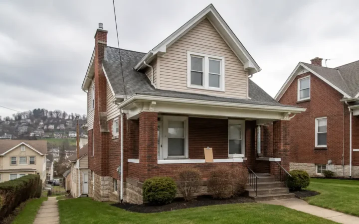 Vacant older Pittsburgh house with a tidy yard on a hillside street