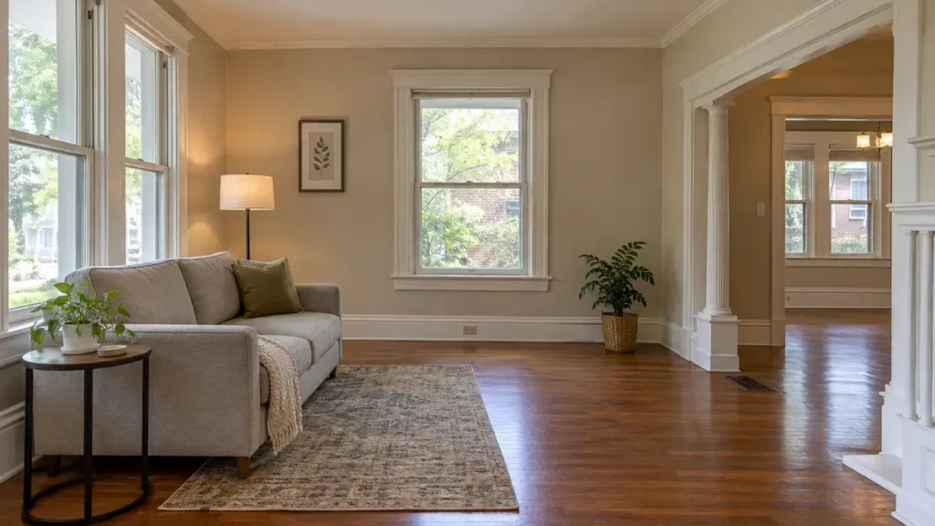 Partly staged living room in an older Pittsburgh-area house