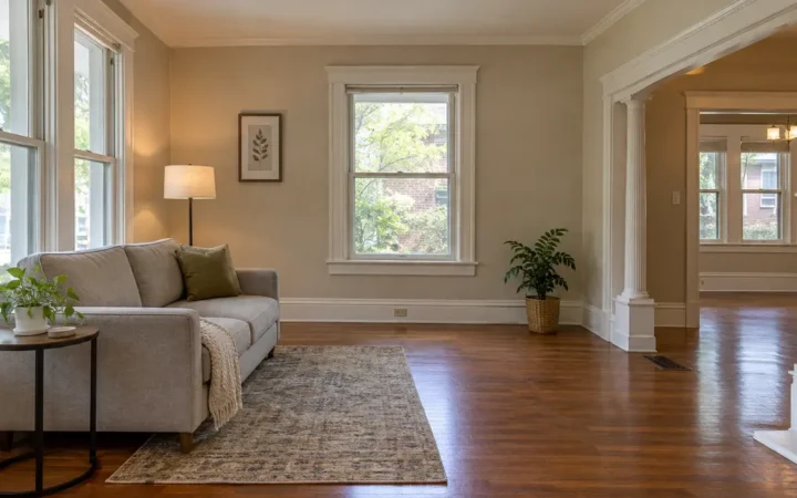 Partly staged living room in an older Pittsburgh-area house