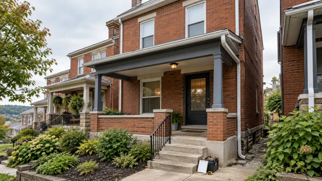 Brick Pittsburgh house with a visible gutter and downspout