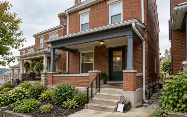 Brick Pittsburgh house with a visible gutter and downspout