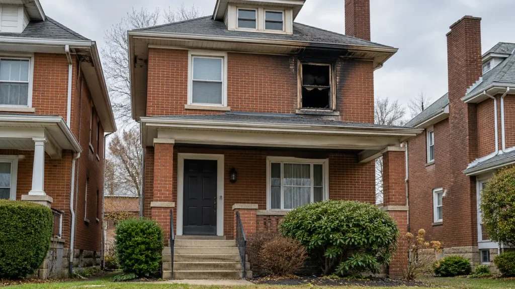 Pittsburgh brick house with visible fire damage around an upper window