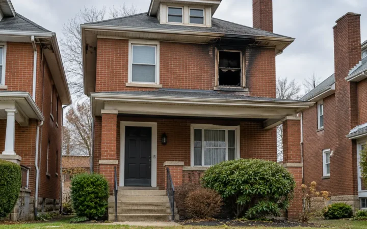 Pittsburgh brick house with visible fire damage around an upper window