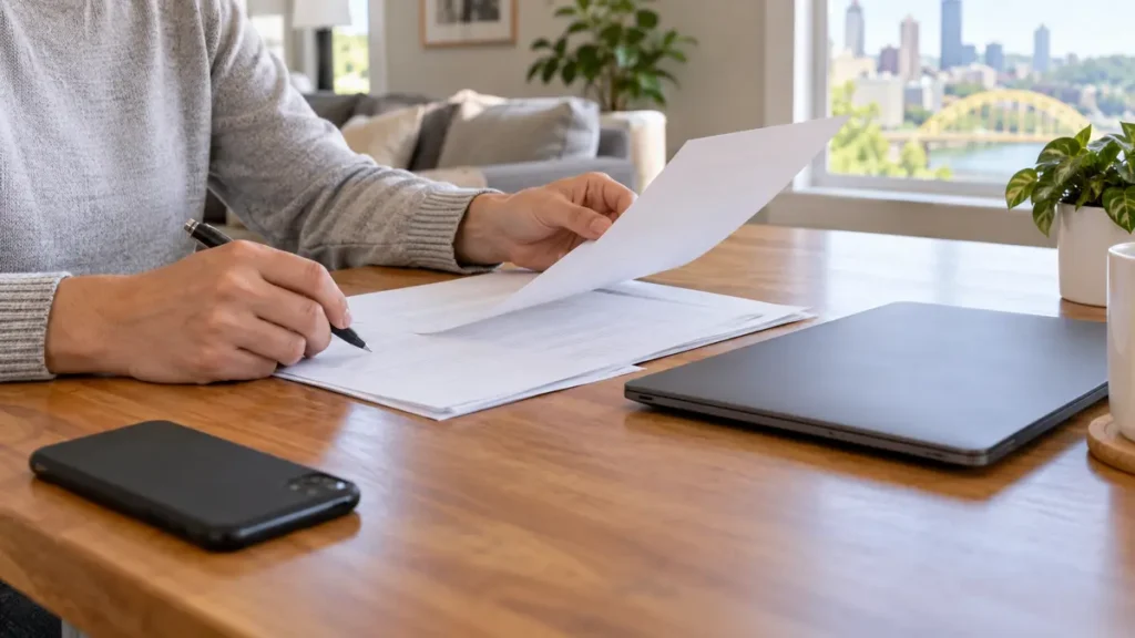 Homeowner reviewing closing documents at a table with a phone and laptop