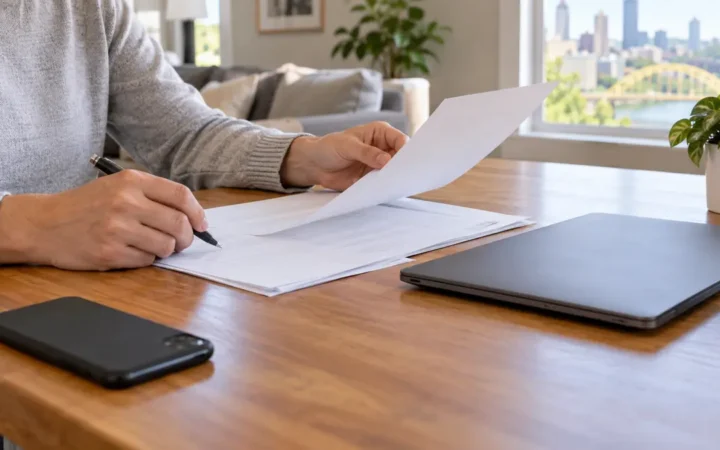 Homeowner reviewing closing documents at a table with a phone and laptop