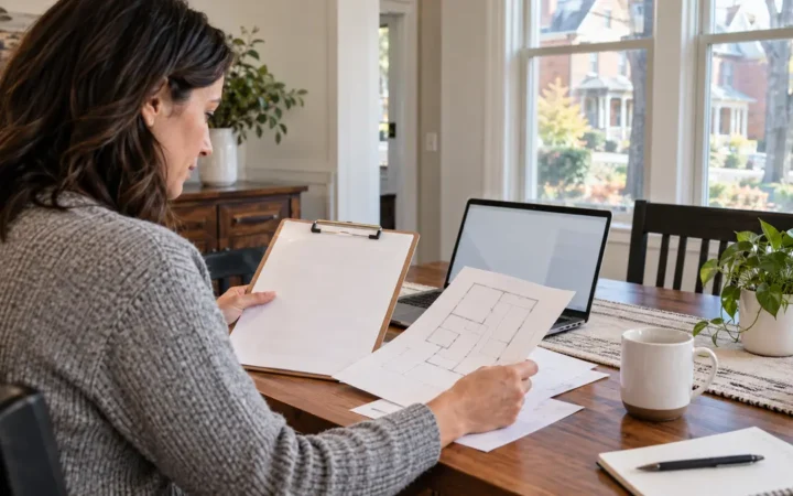 Homeowner reviewing renovation plans and permit paperwork at a dining table