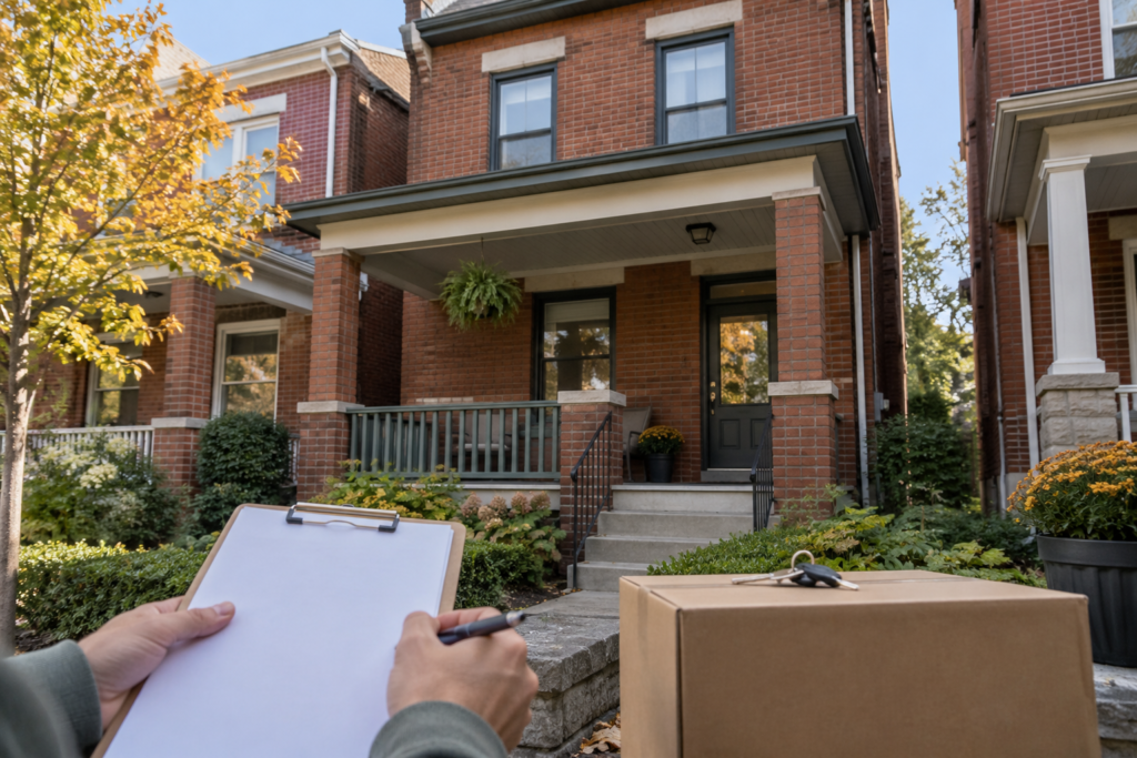 Brick Pittsburgh house with a clipboard, moving box, and keys