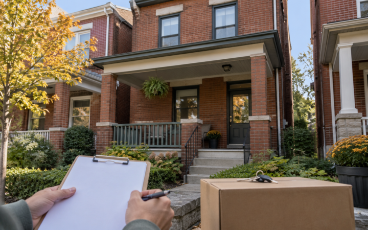 Brick Pittsburgh house with a clipboard, moving box, and keys