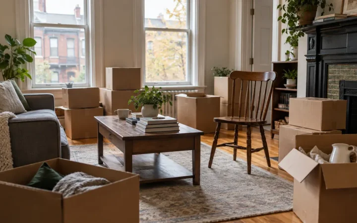 Partially packed living room with moving boxes in a Pittsburgh row house