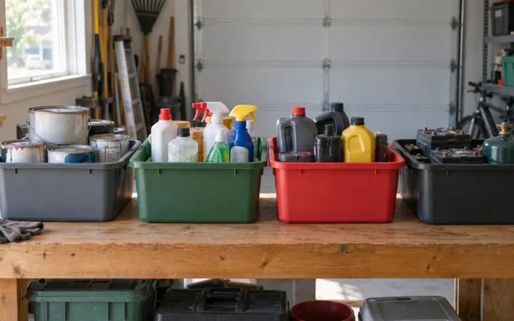 Household chemicals and batteries sorted into sturdy bins on a garage workbench