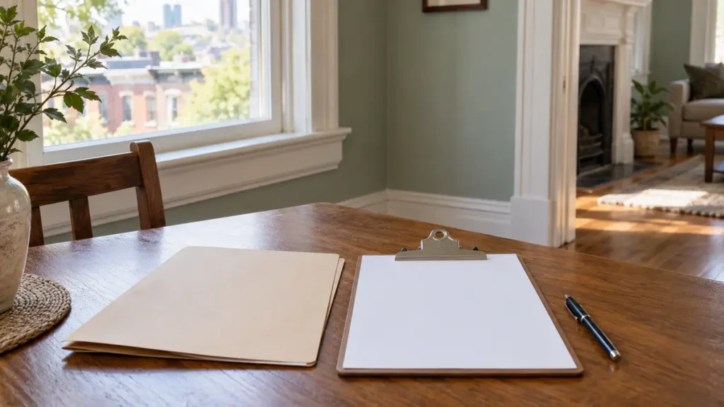 Blank disclosure paperwork on a table inside an older Pittsburgh home