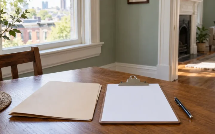 Blank disclosure paperwork on a table inside an older Pittsburgh home