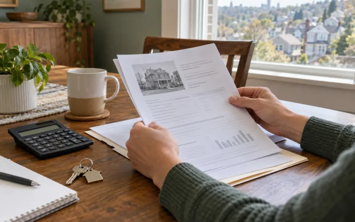 Homeowner reviewing an appraisal report at a table with house keys