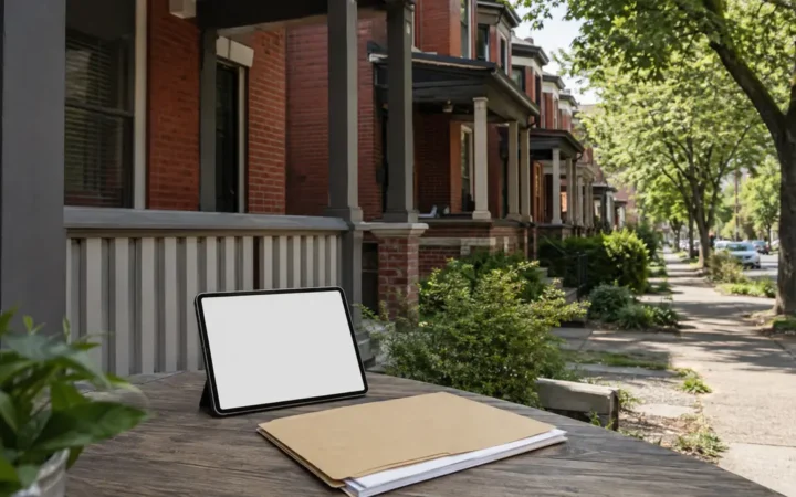 Tablet and folder on a porch beside Pittsburgh brick rowhouses