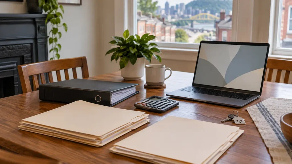Organized folders, calculator, keys, and laptop on a table in a Pittsburgh home