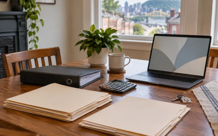 Organized folders, calculator, keys, and laptop on a table in a Pittsburgh home