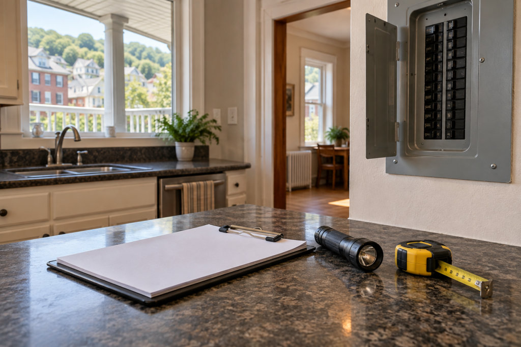 Clipboard, flashlight, and tape measure in a Pittsburgh home prepared for inspection