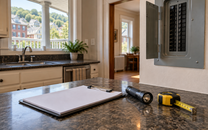 Clipboard, flashlight, and tape measure in a Pittsburgh home prepared for inspection