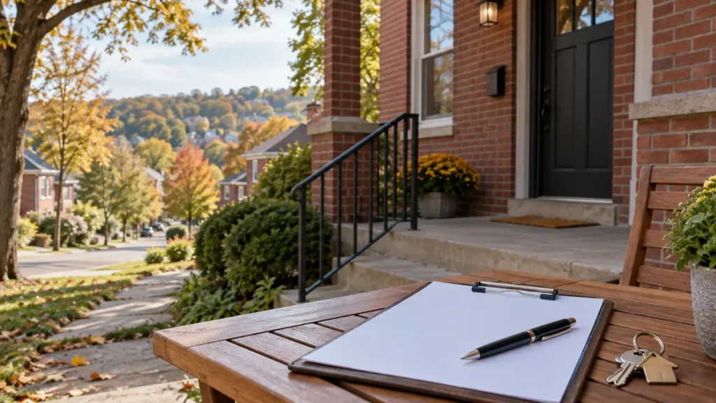 Clipboard and keys outside a brick Pittsburgh home