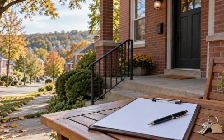 Clipboard and keys outside a brick Pittsburgh home