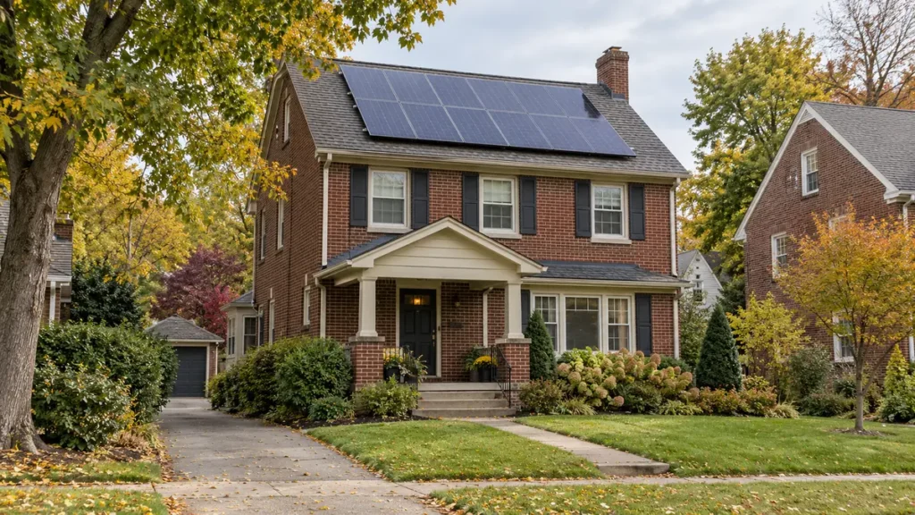 Brick Pittsburgh house with rooftop solar panels in autumn