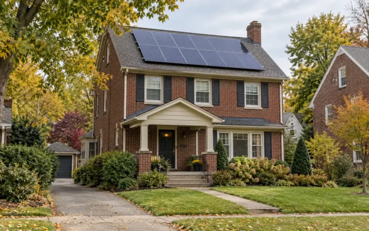 Brick Pittsburgh house with rooftop solar panels in autumn