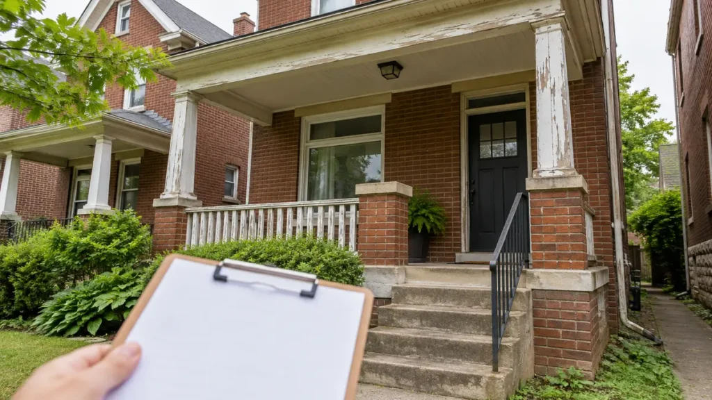 Older Pittsburgh brick house with worn porch trim and a blank inspection clipboard