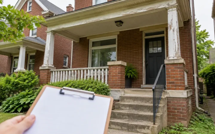 Older Pittsburgh brick house with worn porch trim and a blank inspection clipboard